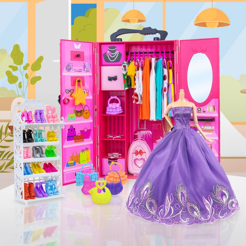 Ecore Fun Fashion Doll Closet Wardrobe for Doll Clothes and Accessories Storage - Lot 102 Items Include Clothes, Dresses, Shoes, Bags, Necklace, Shoes Rack, Hangers for 11.5 Inch Girl Doll Clothes - Image 4